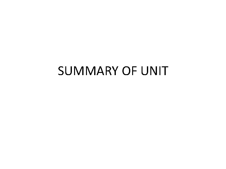 SUMMARY OF UNIT SUMMARY OF UNIT