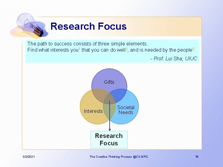 Research Focus The path to success consists of three simple elements. Find what interests