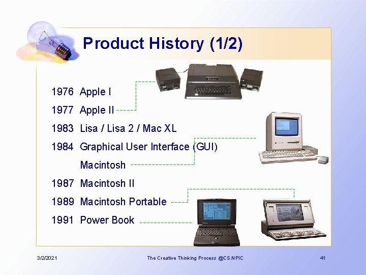 Product History (1/2) 1976 Apple I 1977 Apple II 1983 Lisa / Lisa 2