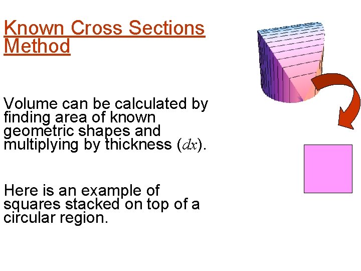 Known Cross Sections Method Volume can be calculated by finding area of known geometric