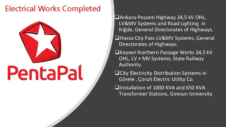 Electrical Works Completed q. Ankara-Pozantı Highway 34, 5 k. V OHL, LV&MV Systems and