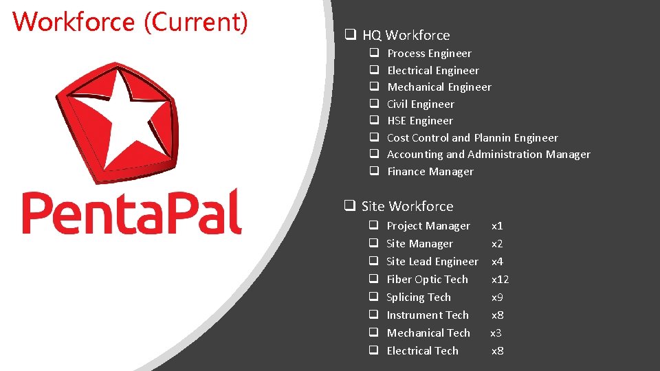 Workforce (Current) q HQ Workforce q q q q Process Engineer Electrical Engineer Mechanical