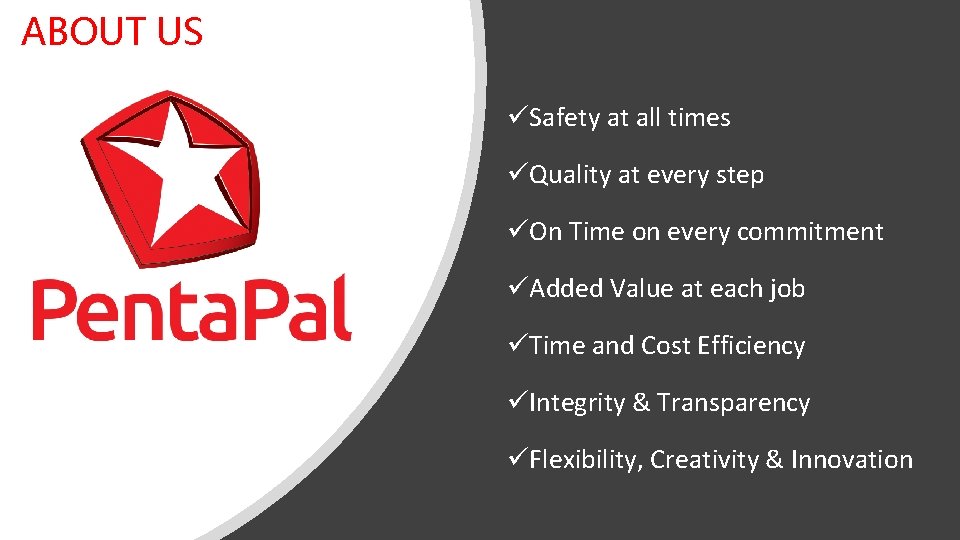 ABOUT US üSafety at all times üQuality at every step üOn Time on every