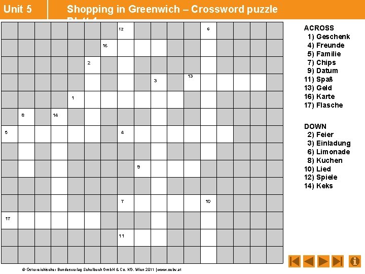 Unit 5 Shopping in Greenwich – Crossword puzzle Blatt 1 12 16 2 1