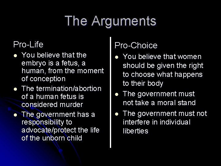 The Arguments Pro-Life l l l You believe that the embryo is a fetus, The Arguments Pro-Life l l l You believe that the embryo is a fetus,