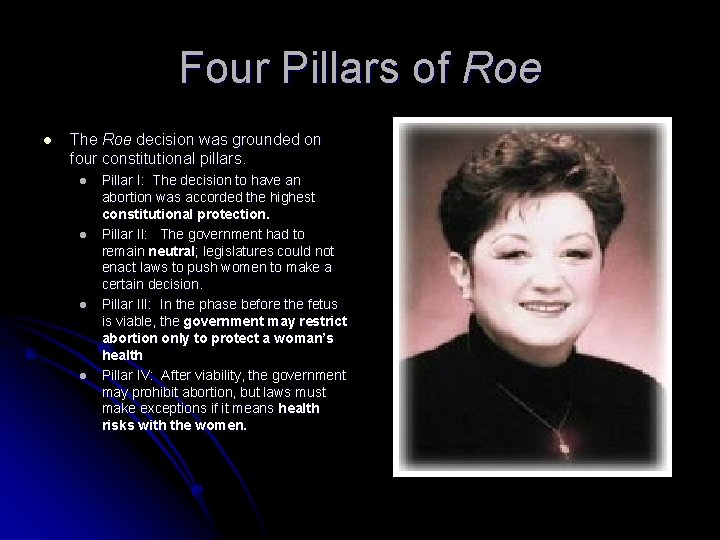 Four Pillars of Roe l The Roe decision was grounded on four constitutional pillars. Four Pillars of Roe l The Roe decision was grounded on four constitutional pillars.