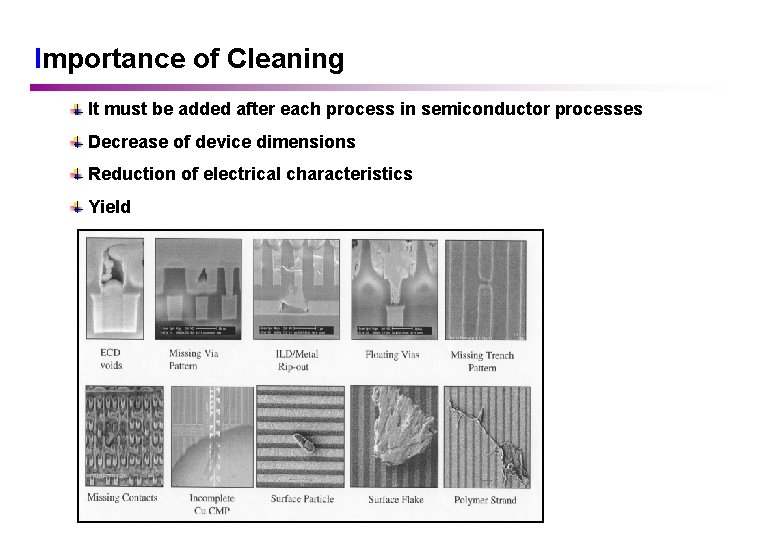 Importance of Cleaning It must be added after each process in semiconductor processes Decrease Importance of Cleaning It must be added after each process in semiconductor processes Decrease