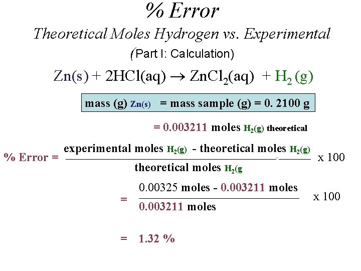 % Error Theoretical Moles Hydrogen vs. Experimental (Part I: Calculation) Zn(s) + 2 HCl(aq)