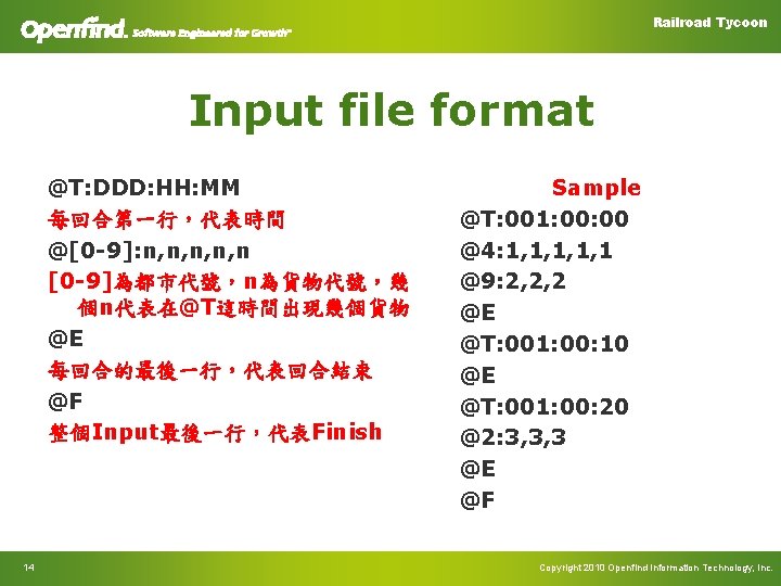 Railroad Tycoon Input file format @T: DDD: HH: MM 每回合第一行，代表時間 @[0 -9]: n, n,