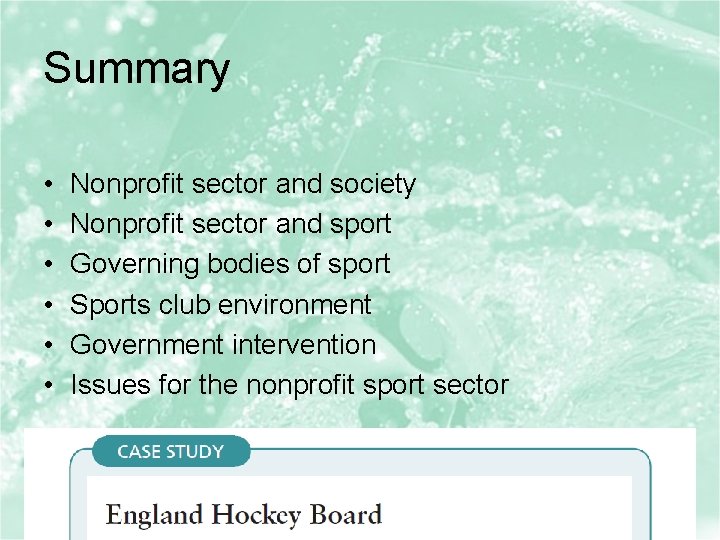 Summary • • • Nonprofit sector and society Nonprofit sector and sport Governing bodies