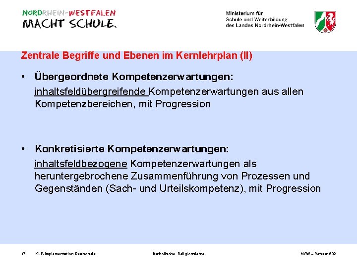 Zentrale Begriffe und Ebenen im Kernlehrplan (II) • Übergeordnete Kompetenzerwartungen: inhaltsfeldübergreifende Kompetenzerwartungen aus allen