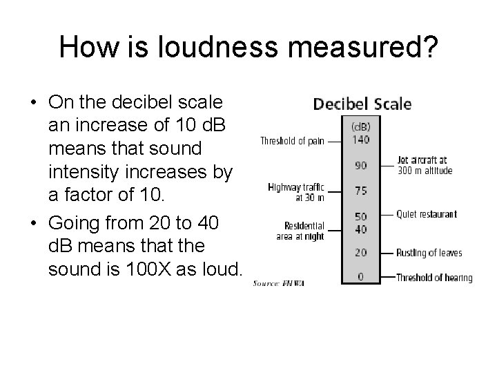 How is loudness measured? • On the decibel scale an increase of 10 d.