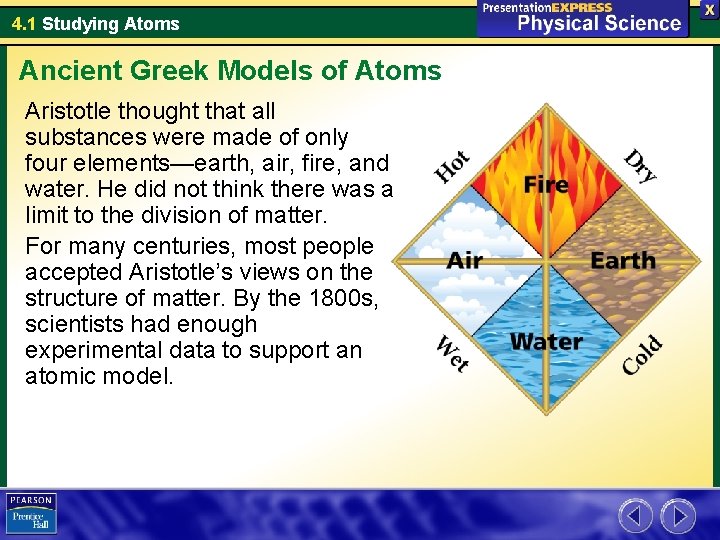 4. 1 Studying Atoms Ancient Greek Models of Atoms Aristotle thought that all substances