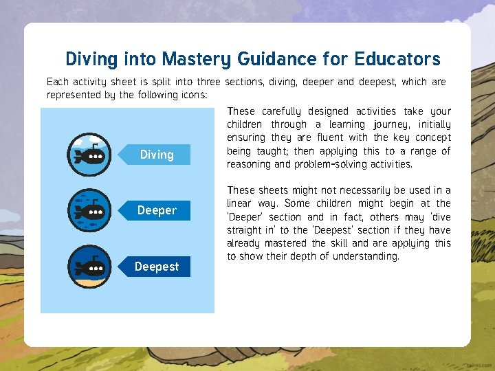 Diving into Mastery Guidance for Educators Each activity sheet is split into three sections,