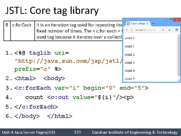 JSTL: Core tag library 8 c: for. Each It is an iteration tag used