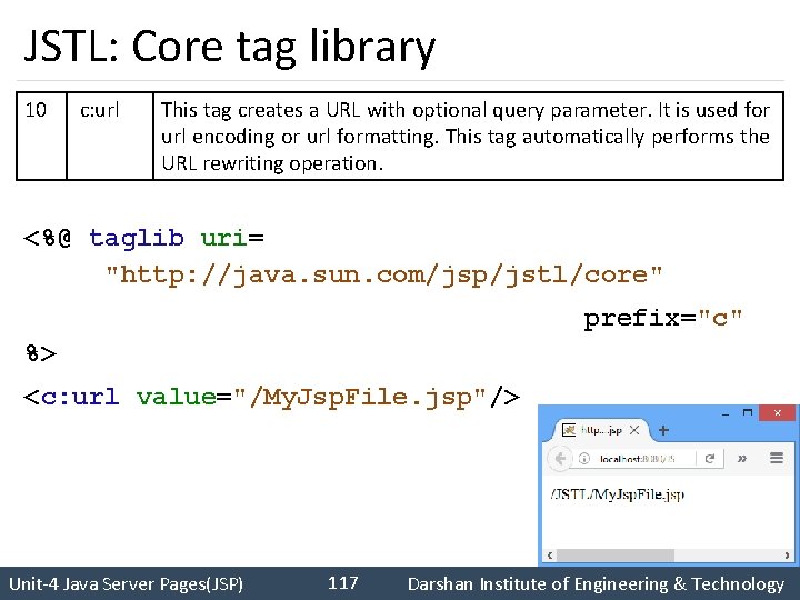 JSTL: Core tag library 10 c: url This tag creates a URL with optional