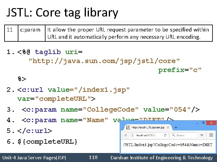 JSTL: Core tag library 11 c: param It allow the proper URL request parameter