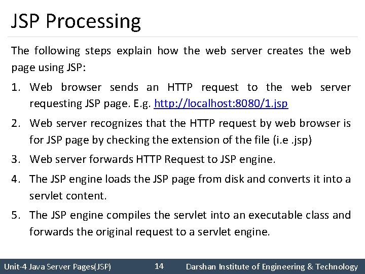 JSP Processing The following steps explain how the web server creates the web page
