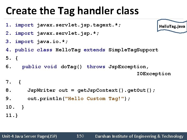 Create the Tag handler class 1. import javax. servlet. jsp. tagext. *; Hello. Tag.