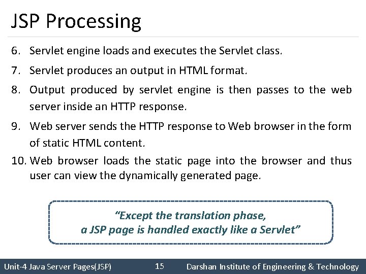 JSP Processing 6. Servlet engine loads and executes the Servlet class. 7. Servlet produces