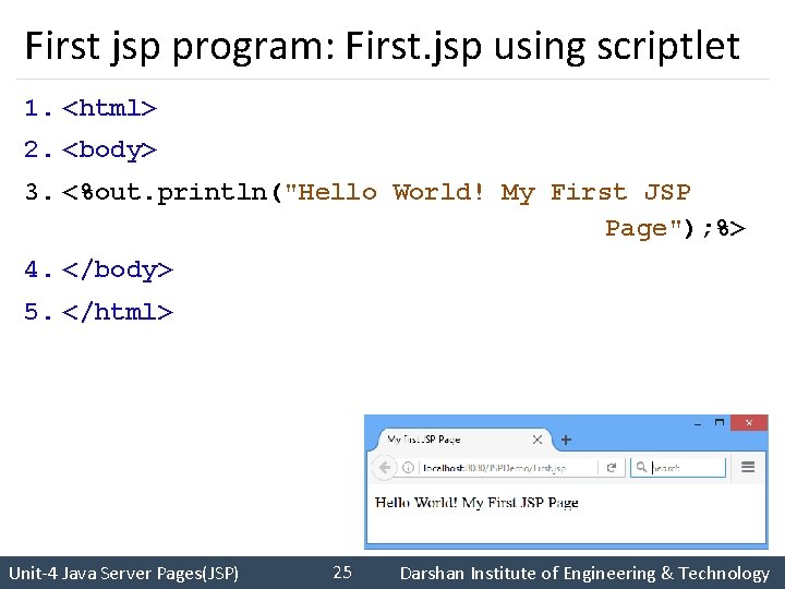 First jsp program: First. jsp using scriptlet 1. <html> 2. <body> 3. <%out. println("Hello