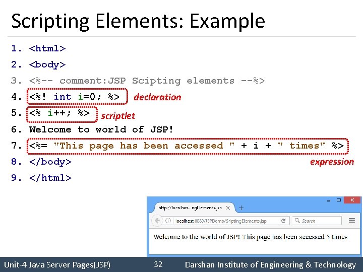 Scripting Elements: Example 1. <html> 2. <body> 3. <%-- comment: JSP Scipting elements --%>