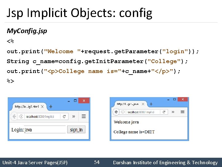 Jsp Implicit Objects: config My. Config. jsp <% out. print("Welcome "+request. get. Parameter("login")); String