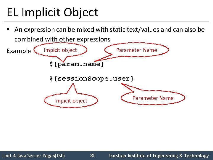 EL Implicit Object § An expression can be mixed with static text/values and can