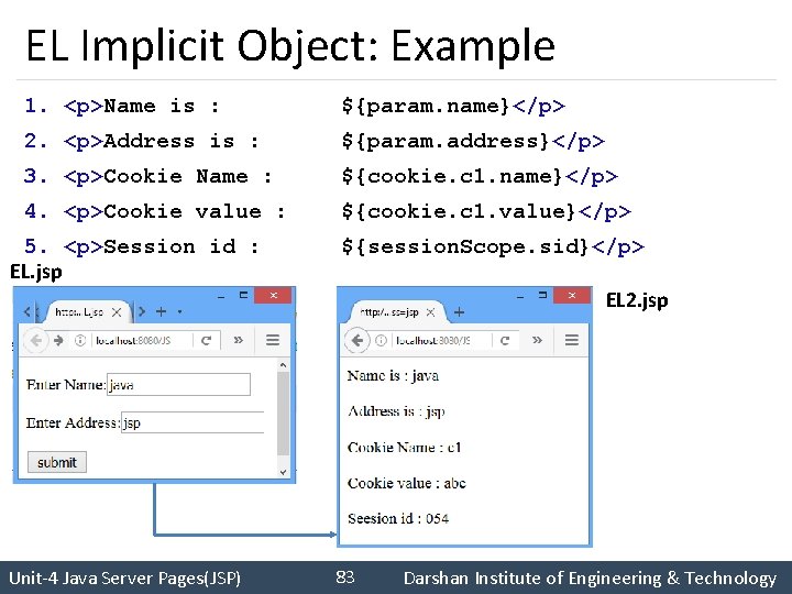 EL Implicit Object: Example 1. <p>Name is : ${param. name}</p> 2. <p>Address is :