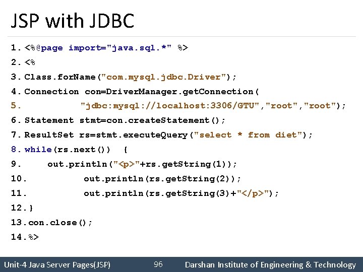 JSP with JDBC 1. <%@page import="java. sql. *" %> 2. <% 3. Class. for.