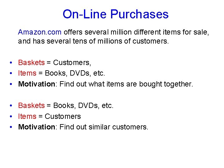 On-Line Purchases Amazon. com offers several million different items for sale, and has several