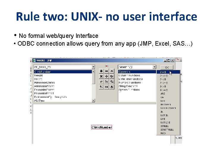 Rule two: UNIX- no user interface • No formal web/query Interface • ODBC connection