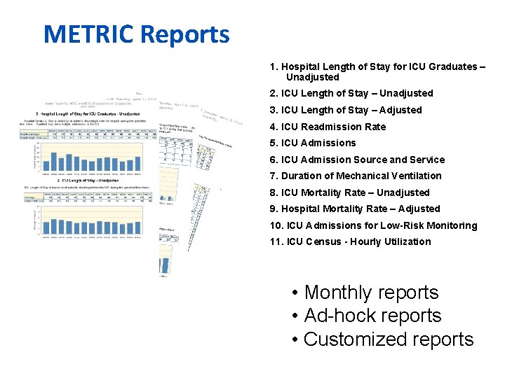 METRIC Reports 1. Hospital Length of Stay for ICU Graduates – Unadjusted 2. ICU