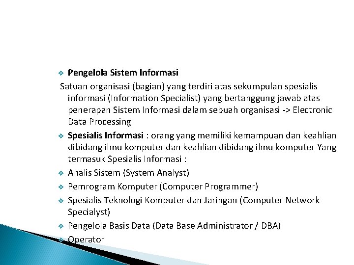 Pengelola Sistem Informasi Satuan organisasi (bagian) yang terdiri atas sekumpulan spesialis informasi (Information Specialist)