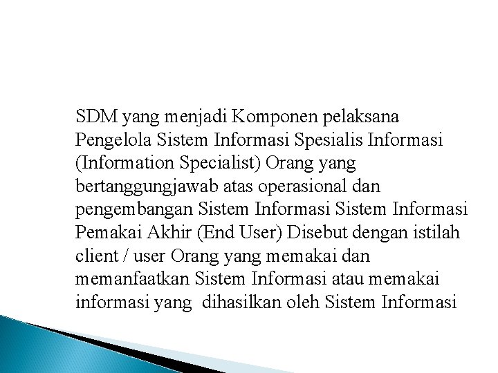 SDM yang menjadi Komponen pelaksana Pengelola Sistem Informasi Spesialis Informasi (Information Specialist) Orang yang