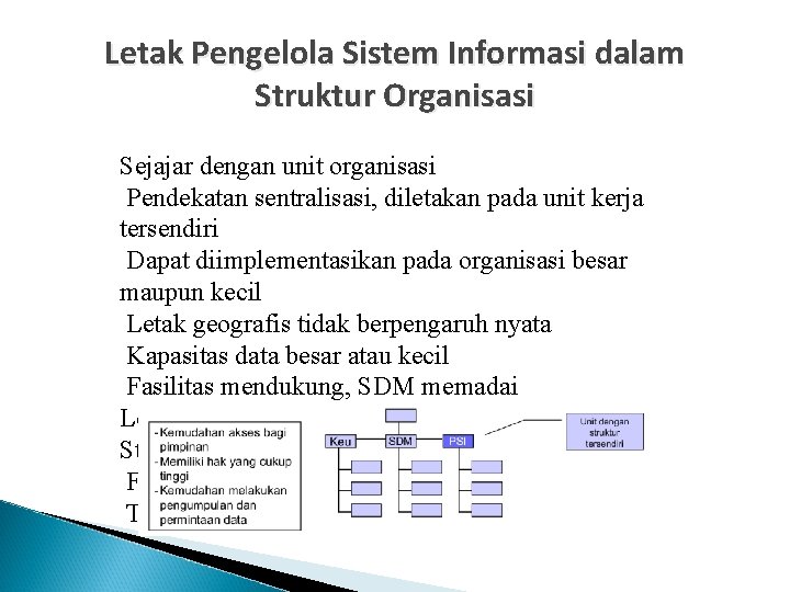 Letak Pengelola Sistem Informasi dalam Struktur Organisasi Sejajar dengan unit organisasi Pendekatan sentralisasi, diletakan