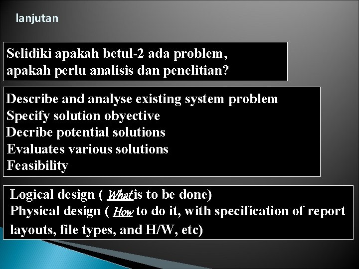 lanjutan Selidiki apakah betul-2 ada problem, apakah perlu analisis dan penelitian? Describe and analyse