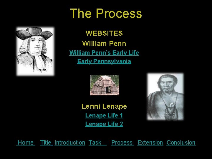 The Process WEBSITES William Penn’s Early Life Early Pennsylvania Lenni Lenape Life 1 Lenape