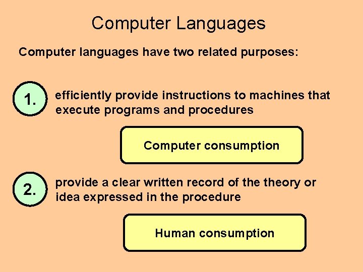 Computer Languages Computer languages have two related purposes: 1. efficiently provide instructions to machines