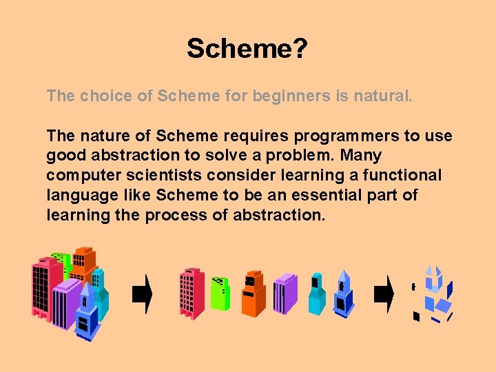 Scheme? The choice of Scheme for beginners is natural. The nature of Scheme requires
