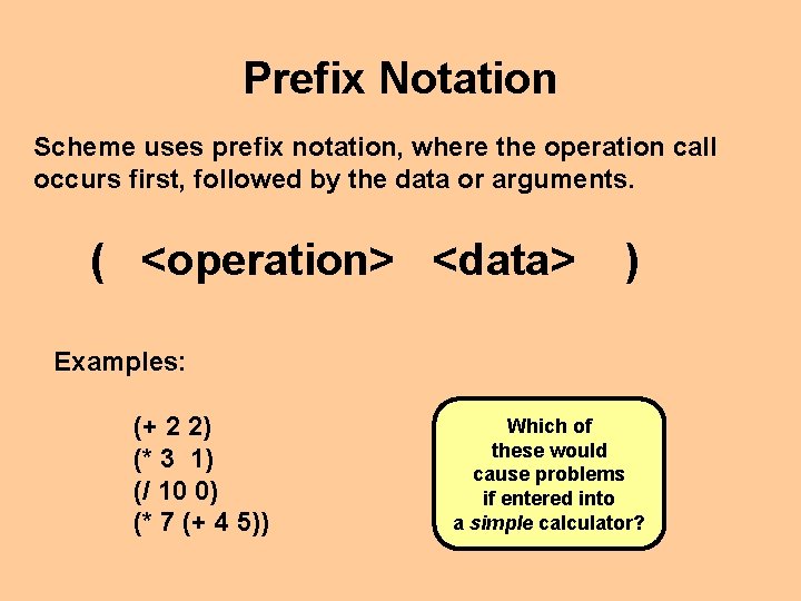 Prefix Notation Scheme uses prefix notation, where the operation call occurs first, followed by