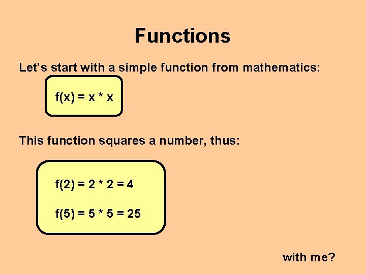Functions Let’s start with a simple function from mathematics: f(x) = x * x