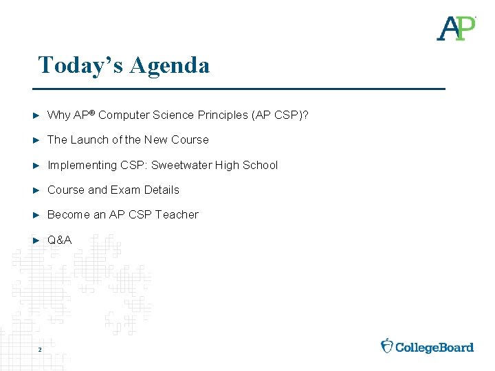 Today’s Agenda ► Why AP® Computer Science Principles (AP CSP)? ► The Launch of