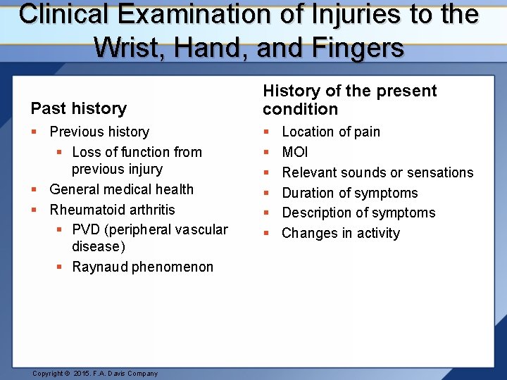 Clinical Examination of Injuries to the Wrist, Hand, and Fingers Past history § Previous