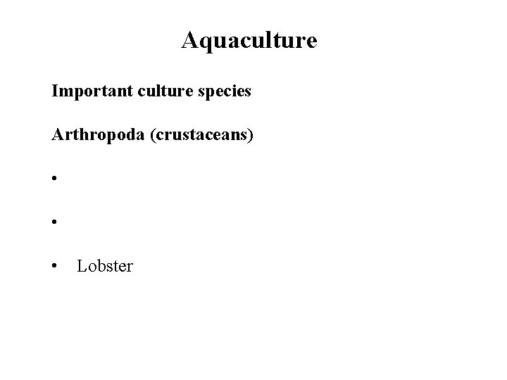 Aquaculture Important culture species Arthropoda (crustaceans) • • • Lobster 