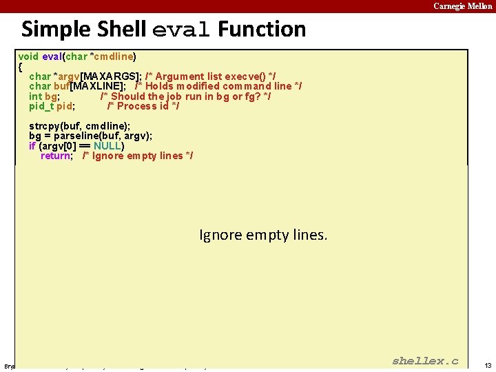 Carnegie Mellon Simple Shell eval Function void eval(char *cmdline) { char *argv[MAXARGS]; /* Argument