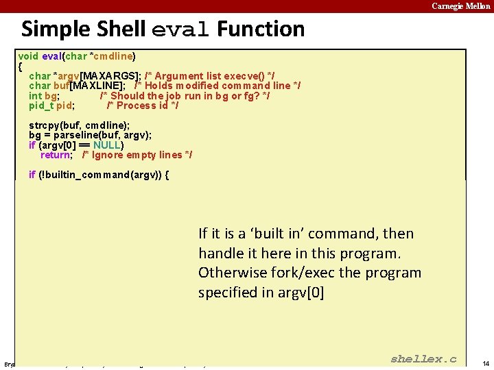 Carnegie Mellon Simple Shell eval Function void eval(char *cmdline) { char *argv[MAXARGS]; /* Argument