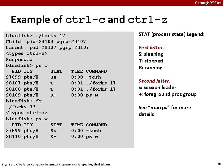 Carnegie Mellon Example of ctrl-c and ctrl-z bluefish>. /forks 17 Child: pid=28108 pgrp=28107 Parent: