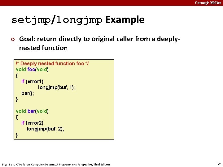 Carnegie Mellon setjmp/longjmp Example ¢ Goal: return directly to original caller from a deeplynested