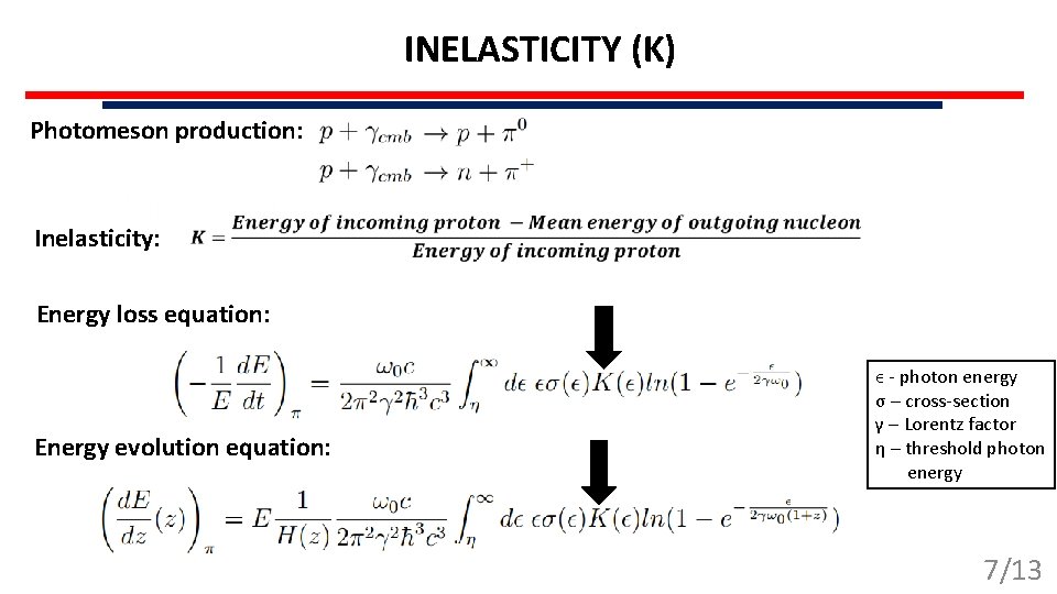 INELASTICITY (K) Photomeson production: • Inelasticity: Energy loss equation: Energy evolution equation: ϵ -